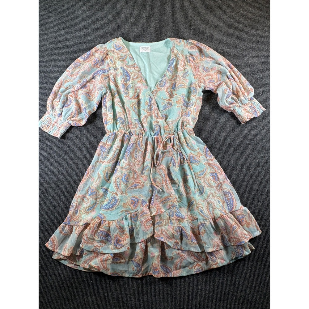 Sienna Sky Womens XS Paisley Chiffon Wrap Mini Dress Blue Pink Ruffle‎ Hem Boho